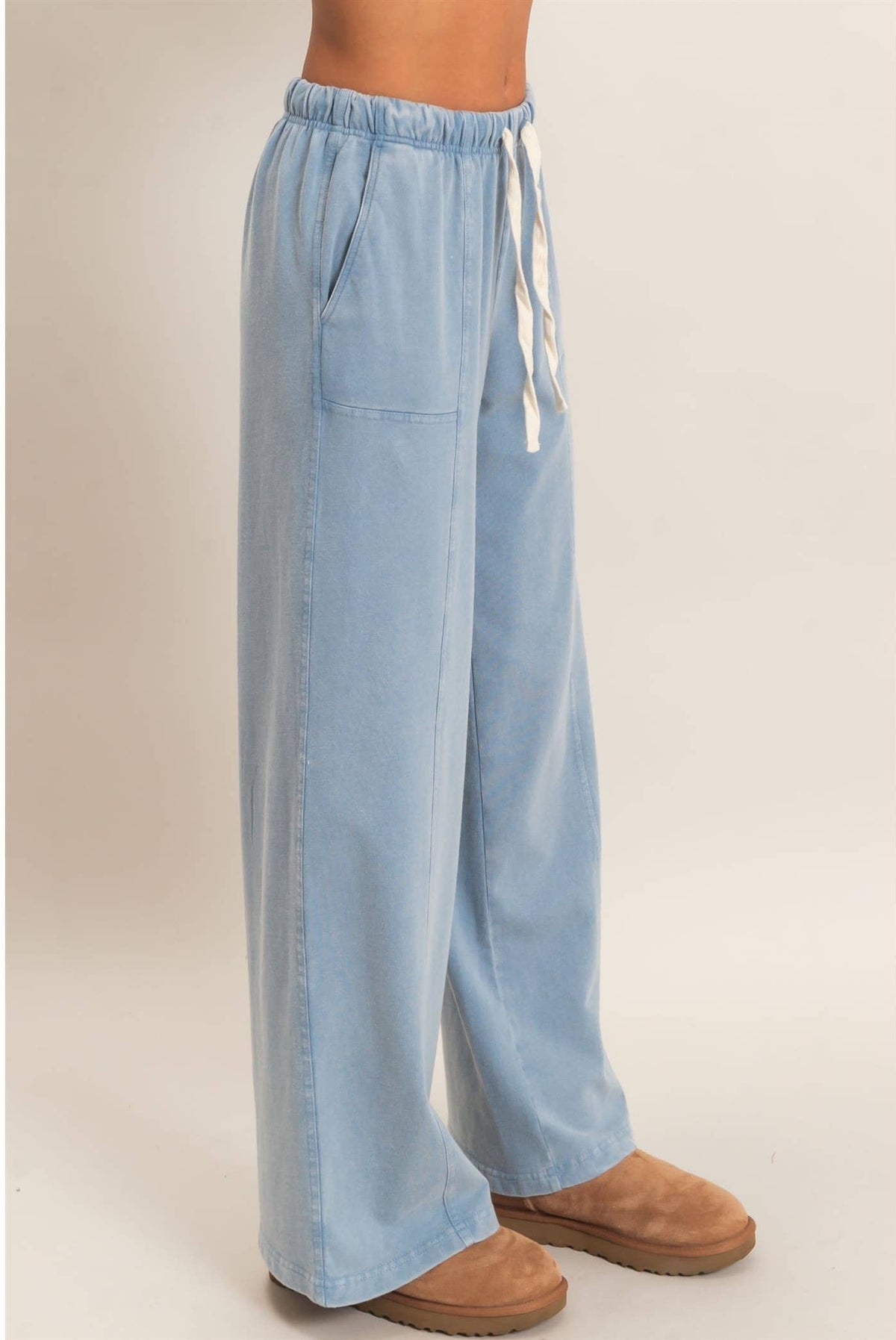 Acid Wash Drawstring Waist Wide Leg Pants: DUSTY BLUE