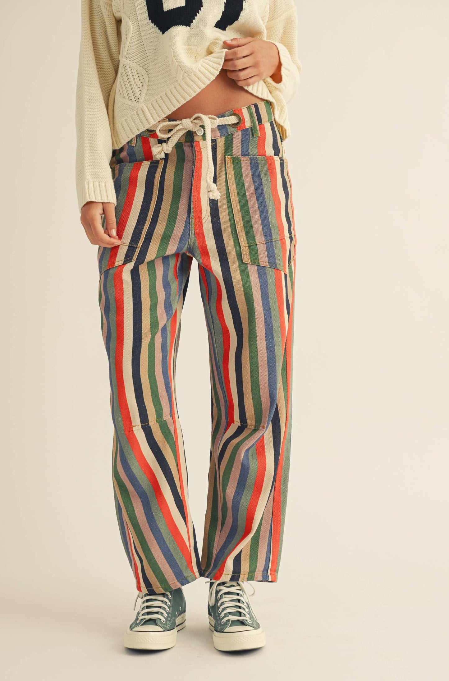 Washed Multi Stripes Rope String Relaxed Fit Pant