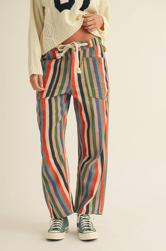 Washed Multi Stripes Rope String Relaxed Fit Pant