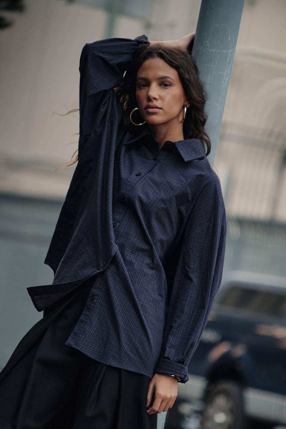 Plaid Button-Front Collared Long-Sleeve Oversize Shirt: Retro Blue