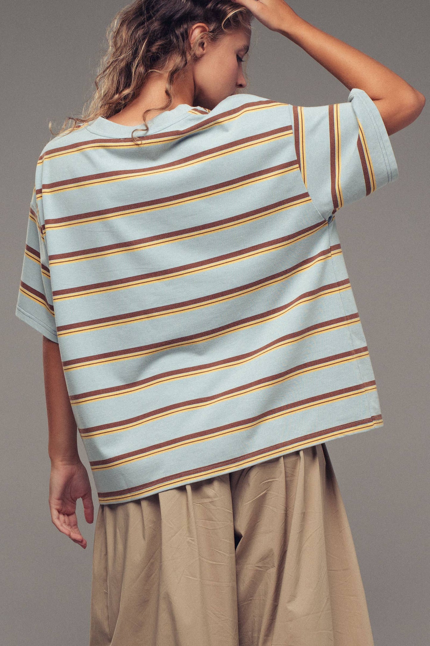 Oversized Striped Western Relaxed Fit Tee: BLUE BROWN