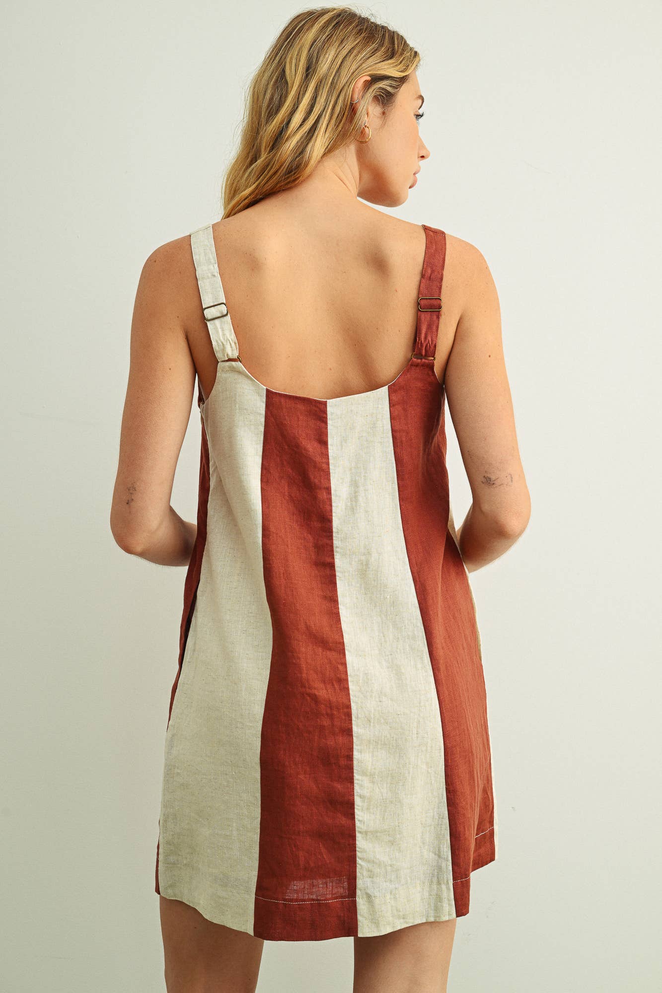 COLOR BLOCK LINEN MINI DRESS: ROSE CLAY/OATMEAL