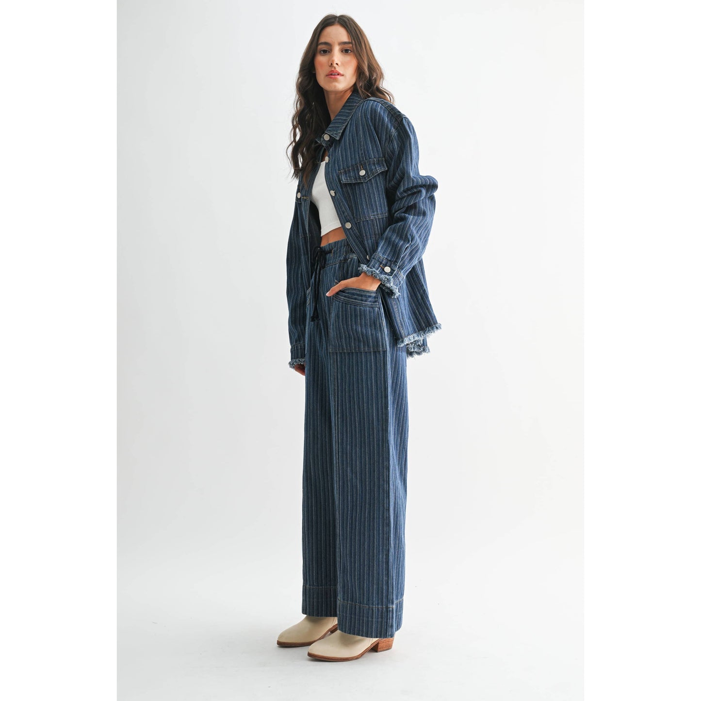 STYLISH STRIPED DENIM JACKET: DARK DENIM