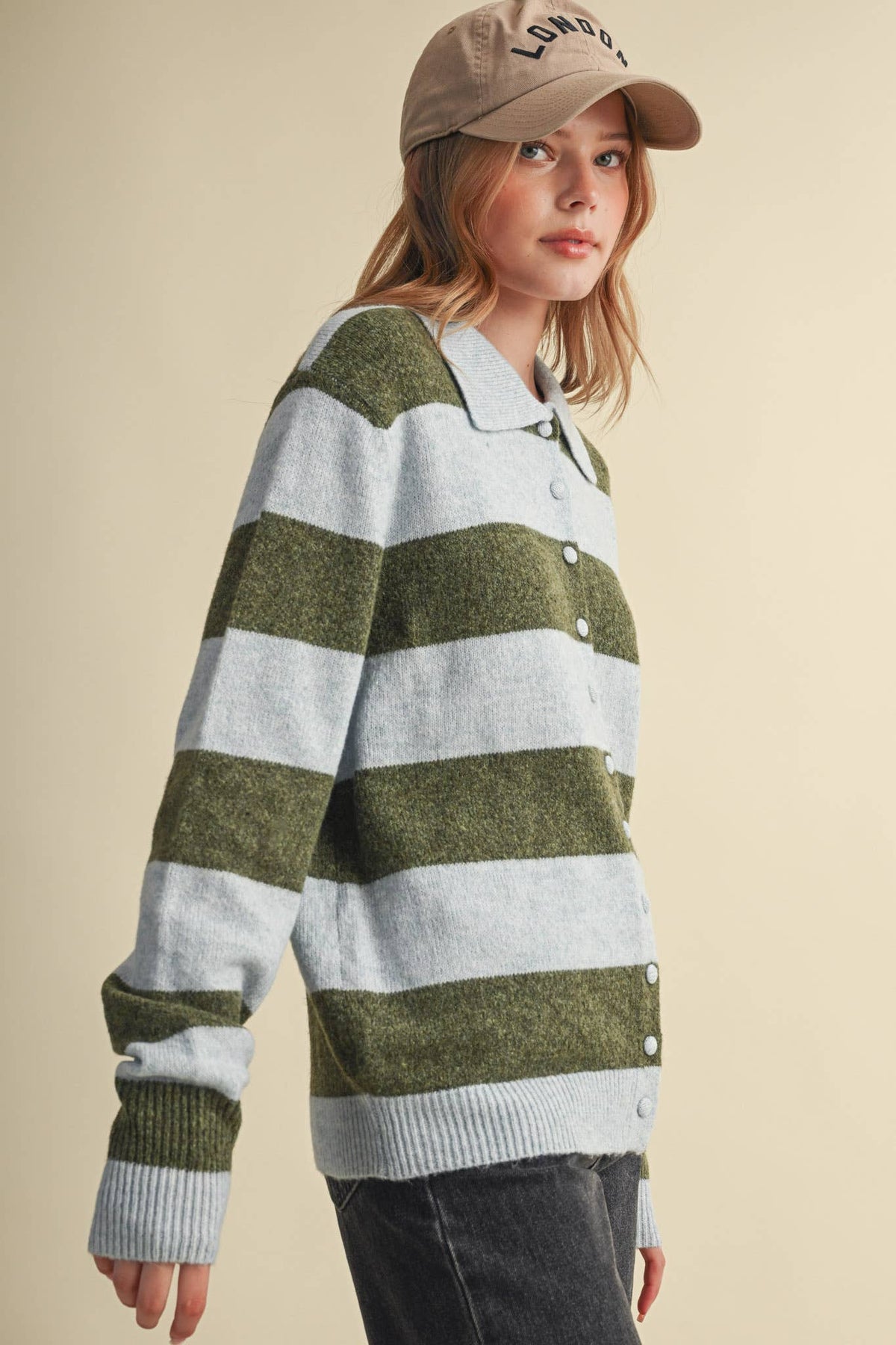 STRIPED SWEATER CARDIGAN: POWDER BLUE OLIVE