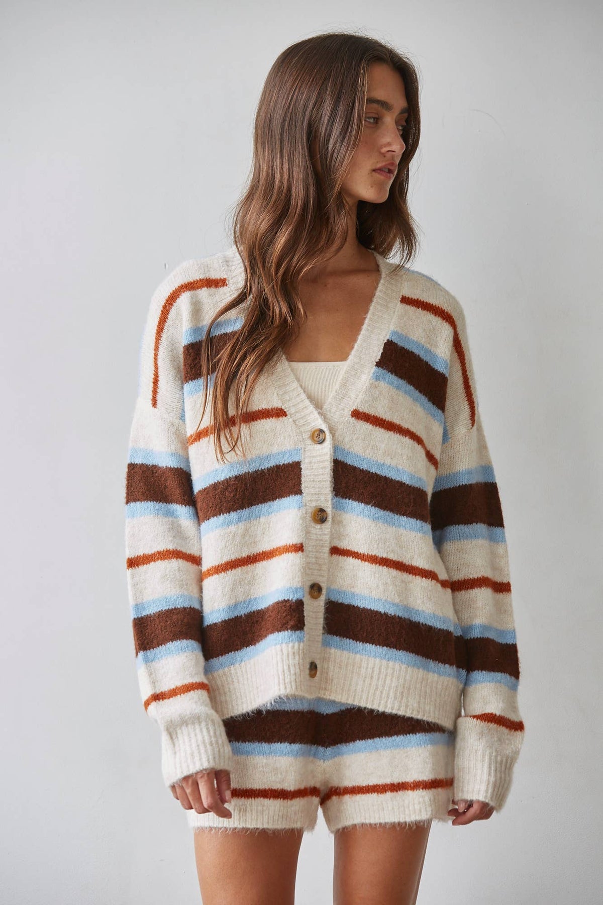 Knit Sweater Multicolor Striped Buttondown Cardigan: Natural Brown