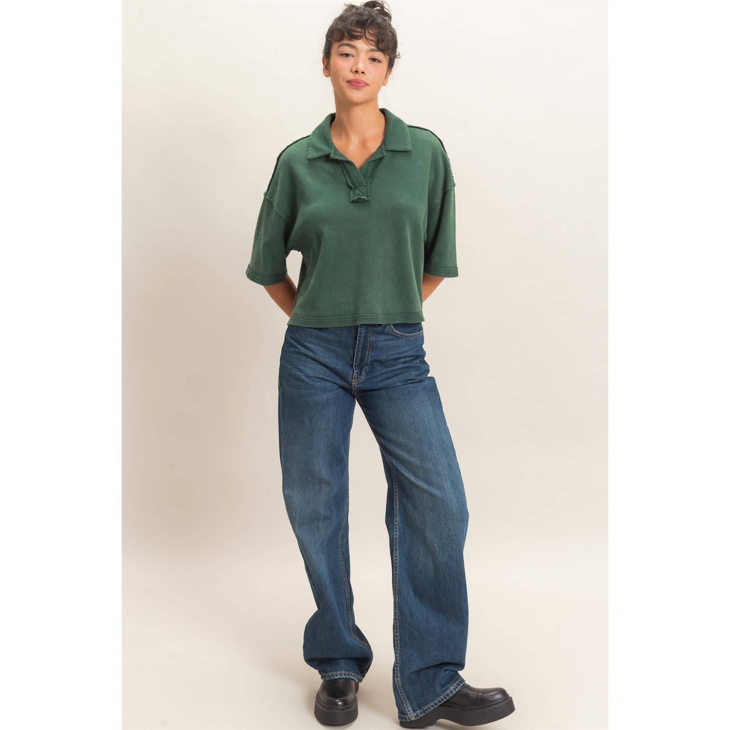 Mineral Wash Oversized Collar Short Sleeve Top: DARK GREEN