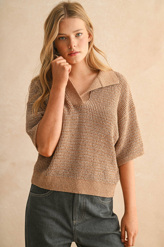 MULTI COLOR COLLARED KNITTED TOP: MOCHA/BROWN