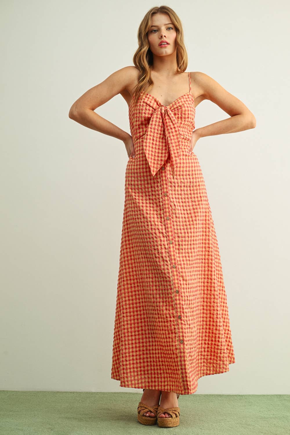 GINGHAM PATTERNED LONG DRESS: ROSE