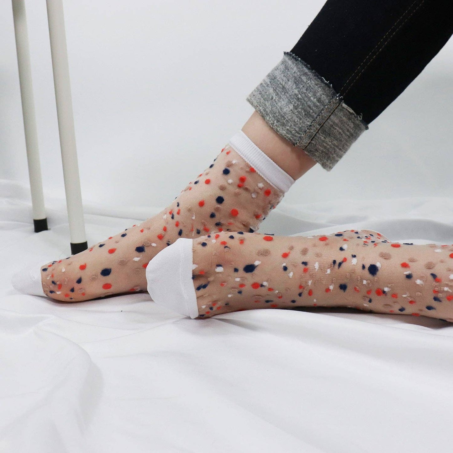 Women's Crew Sheer Multi See-Through  Dots Socks: