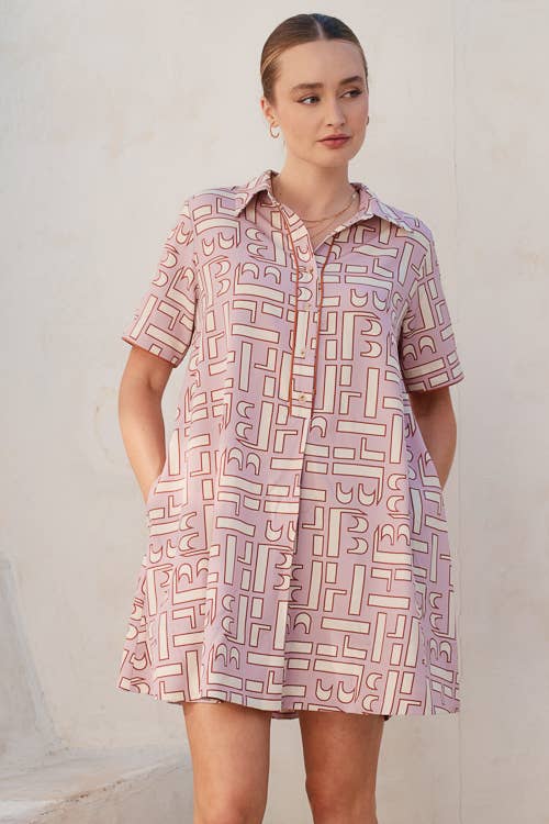 ABSTRACT PATTERN MINI SHIRT DRESS: Mauve