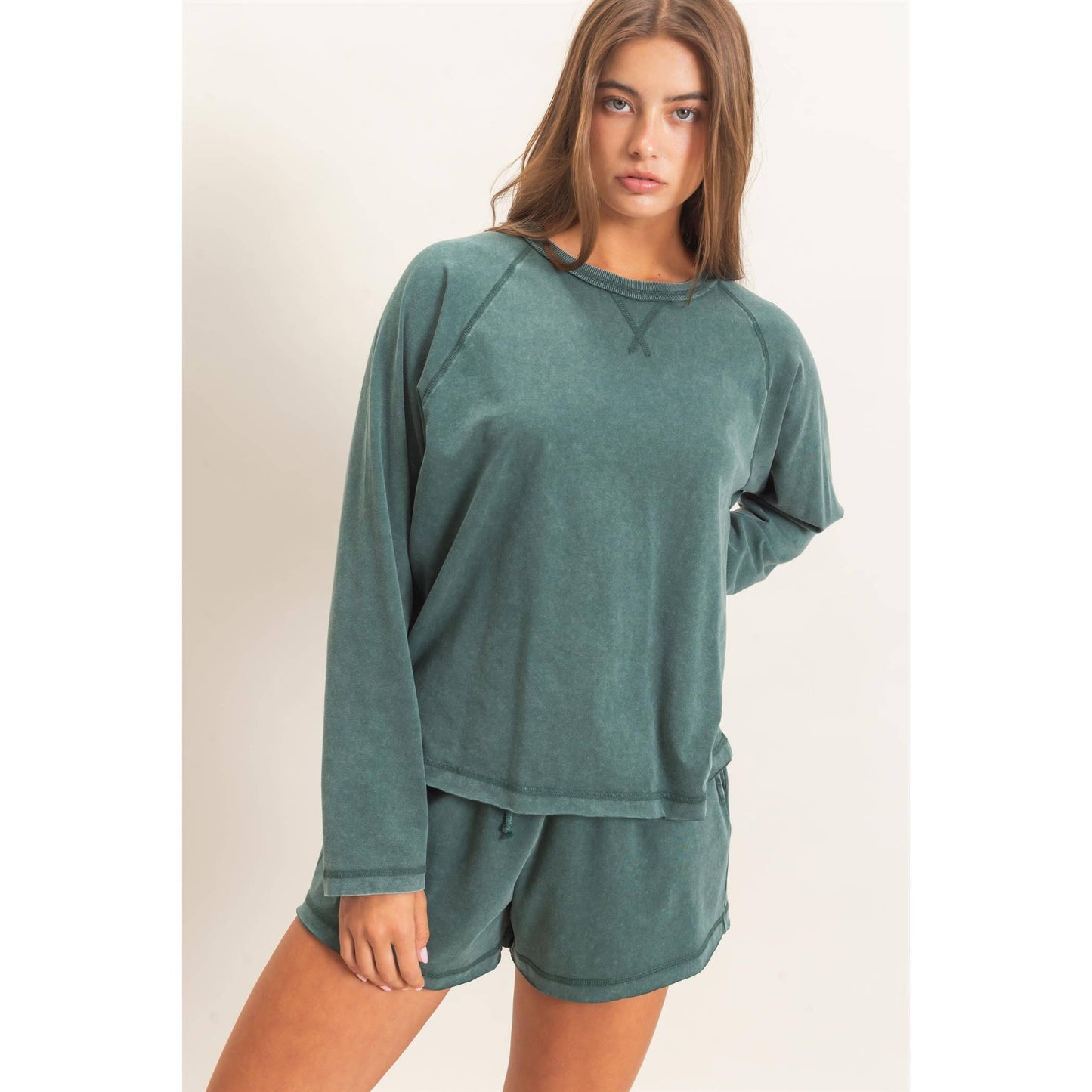 Mineral Wash Long Sleeve Raw Edge Top & Shorts Set: BLACK