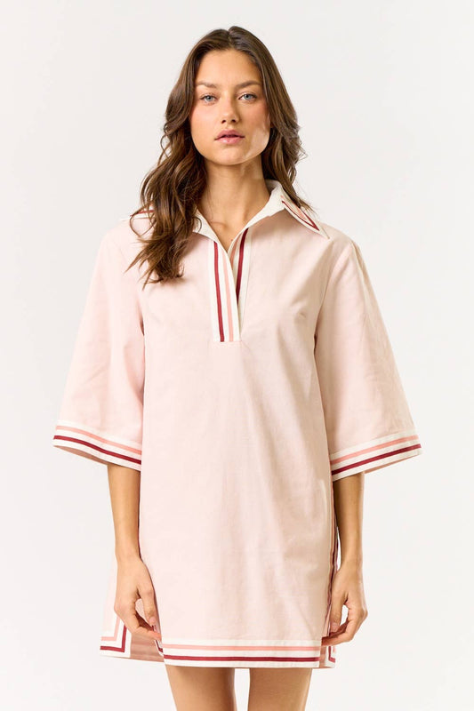 Striped Collared Oversize Mini Dress With Pockets: LT PINK