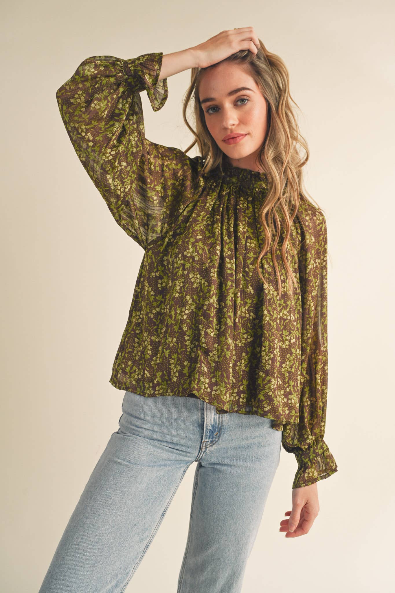 FLORAL LUREX BALLOON SLEEVE TOP: BROWN SAGE LIME