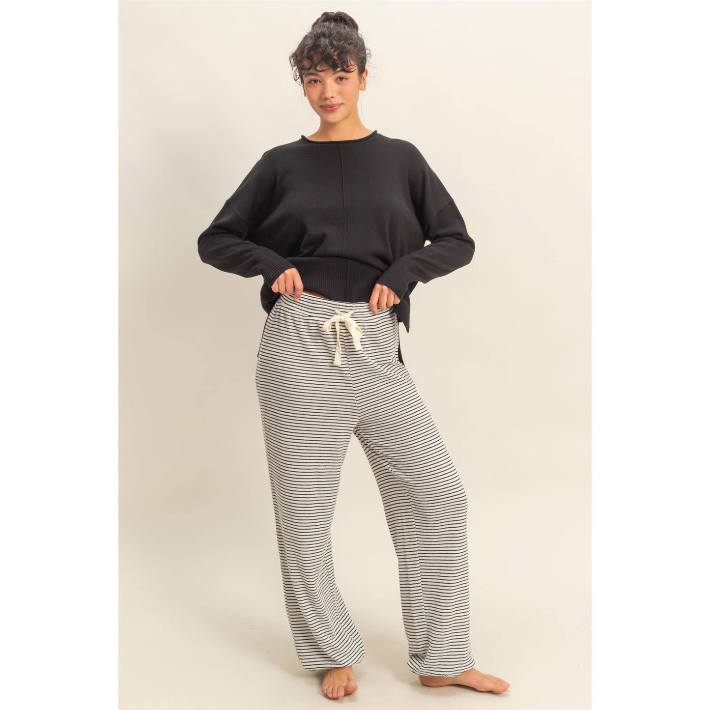 Striped Drawstring Lounge Jogger Pants: WHITE/BLACK