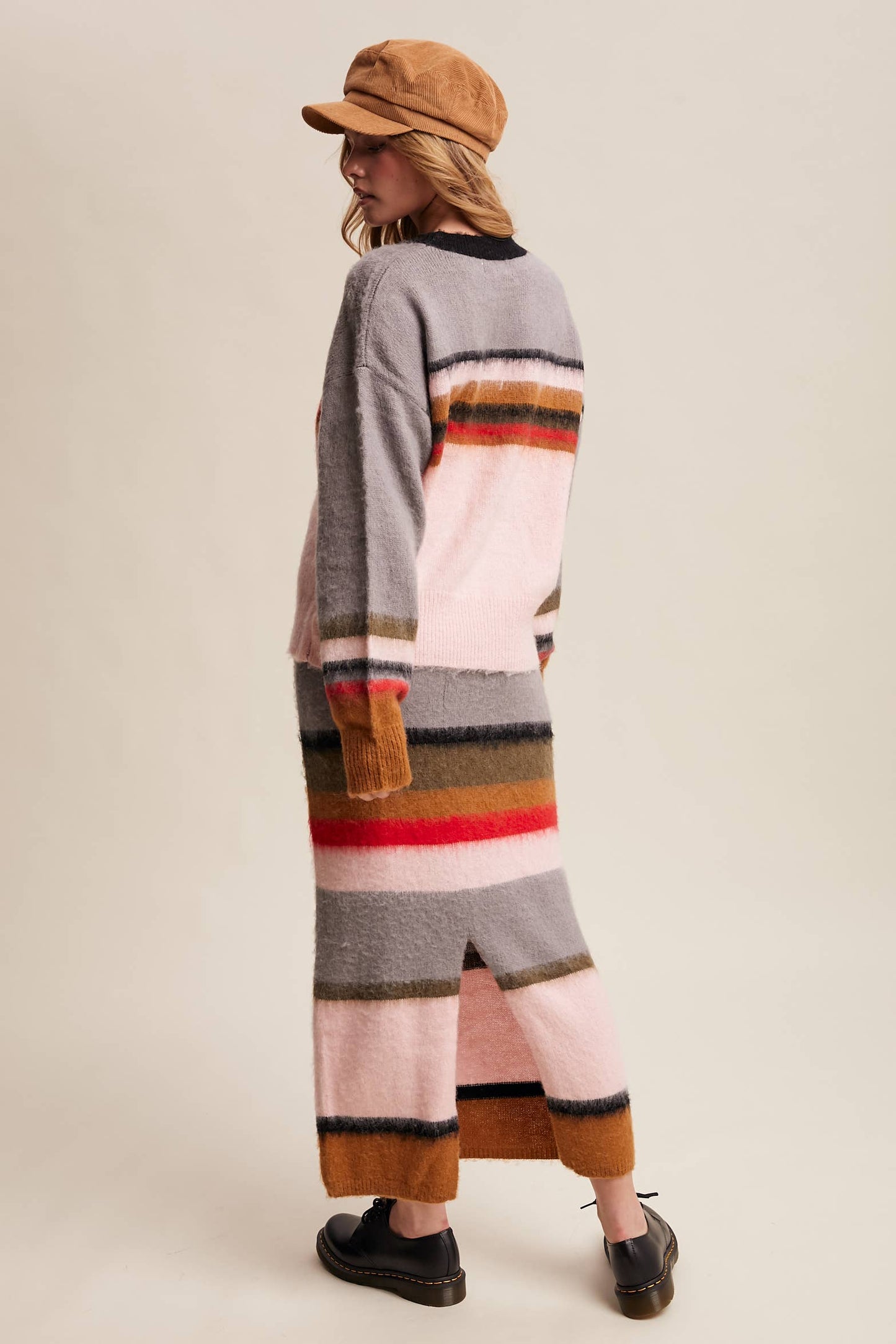 Striped Fuzzy Knit Sweater & Skirt: Light Pink Multi