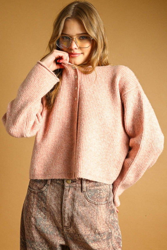 BUTTON FRONT RIBBED SWEATER CARDIGAN: PINK