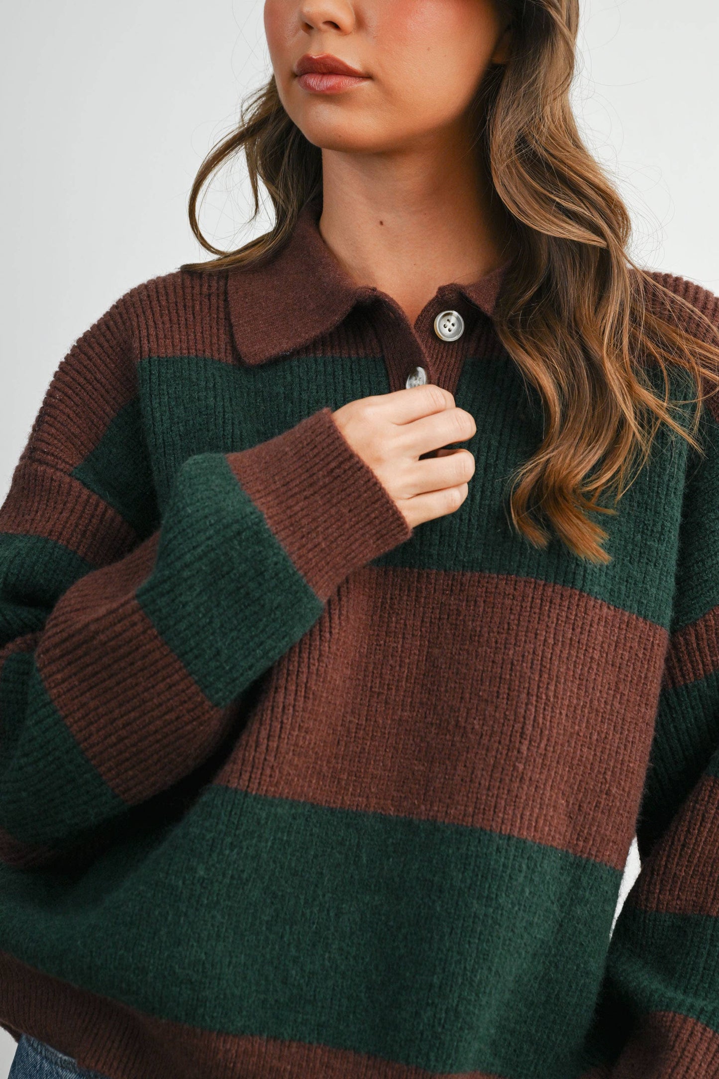 Striped Color Block Collared Sweater: BROWN / OLIVE