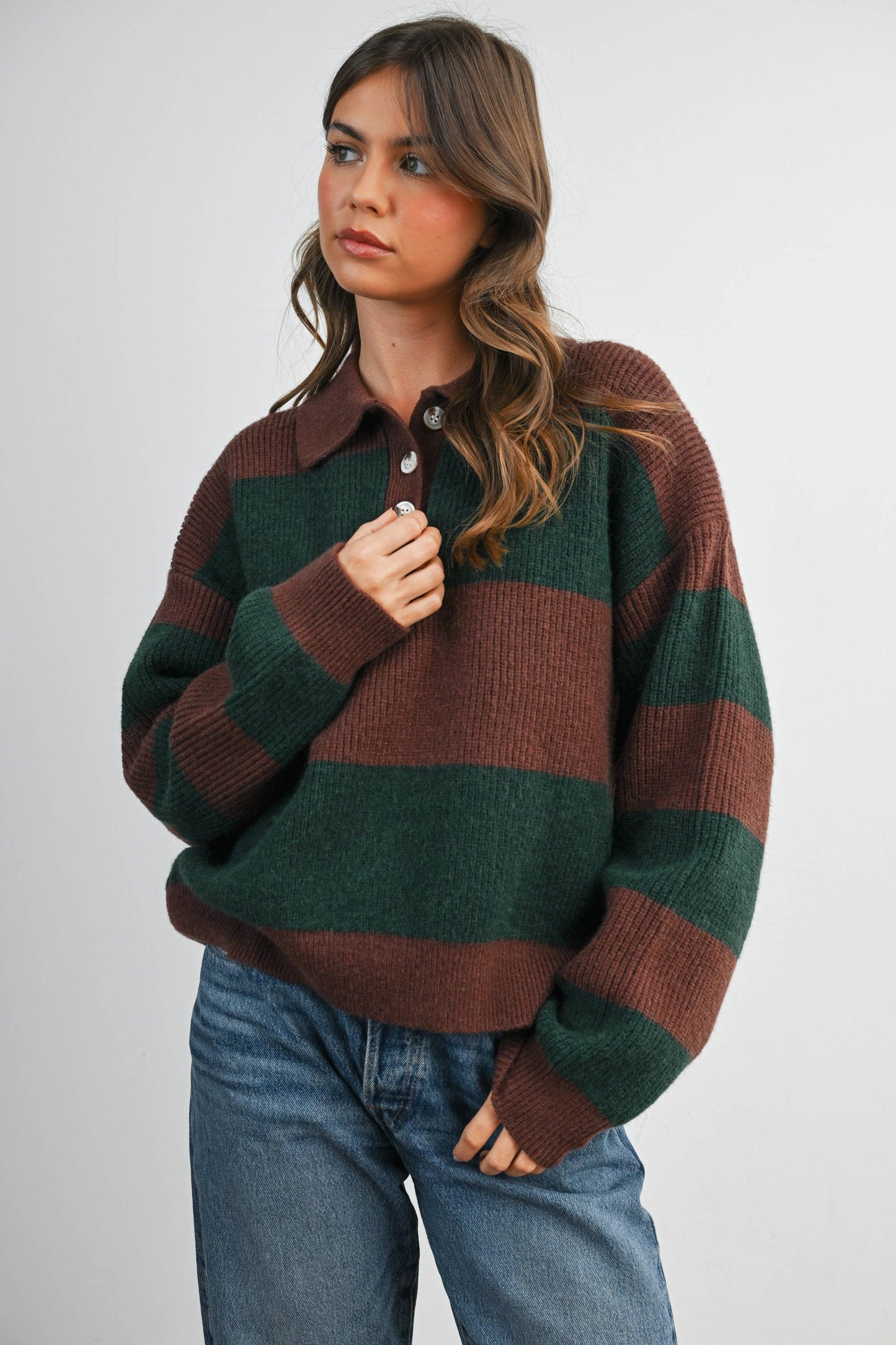 Striped Color Block Collared Sweater: BROWN / OLIVE