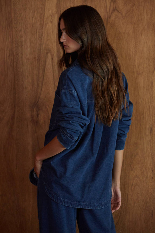 Knit Cotton Button Down Collar Neck Jacket: Dark Denim