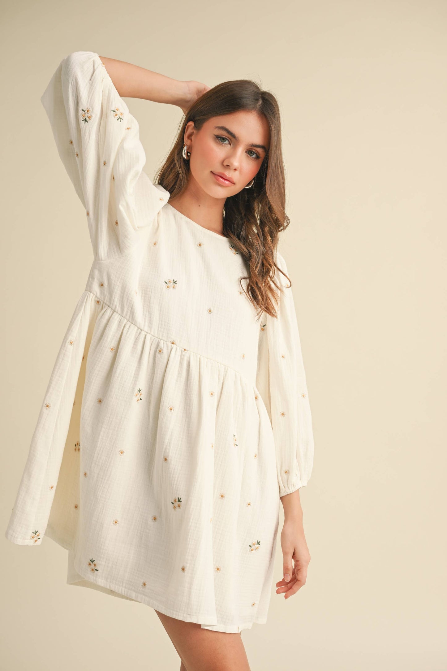 FLORAL GAUZE PUFF SLEEVE BABYDOLL MINI DREES