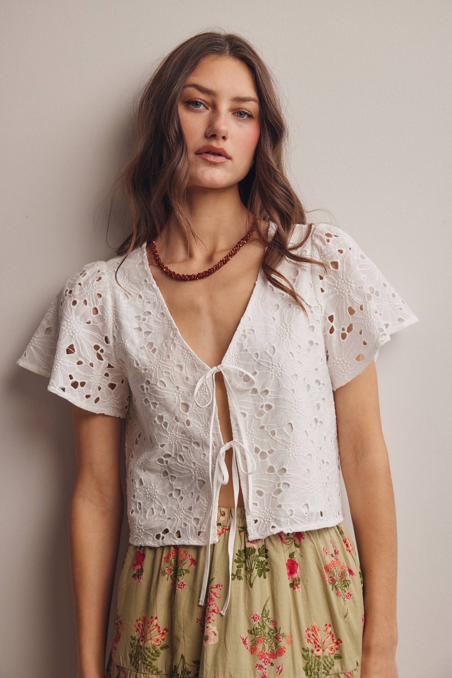 Eyelet Tie-Front Lined Cotton Top: Ivory