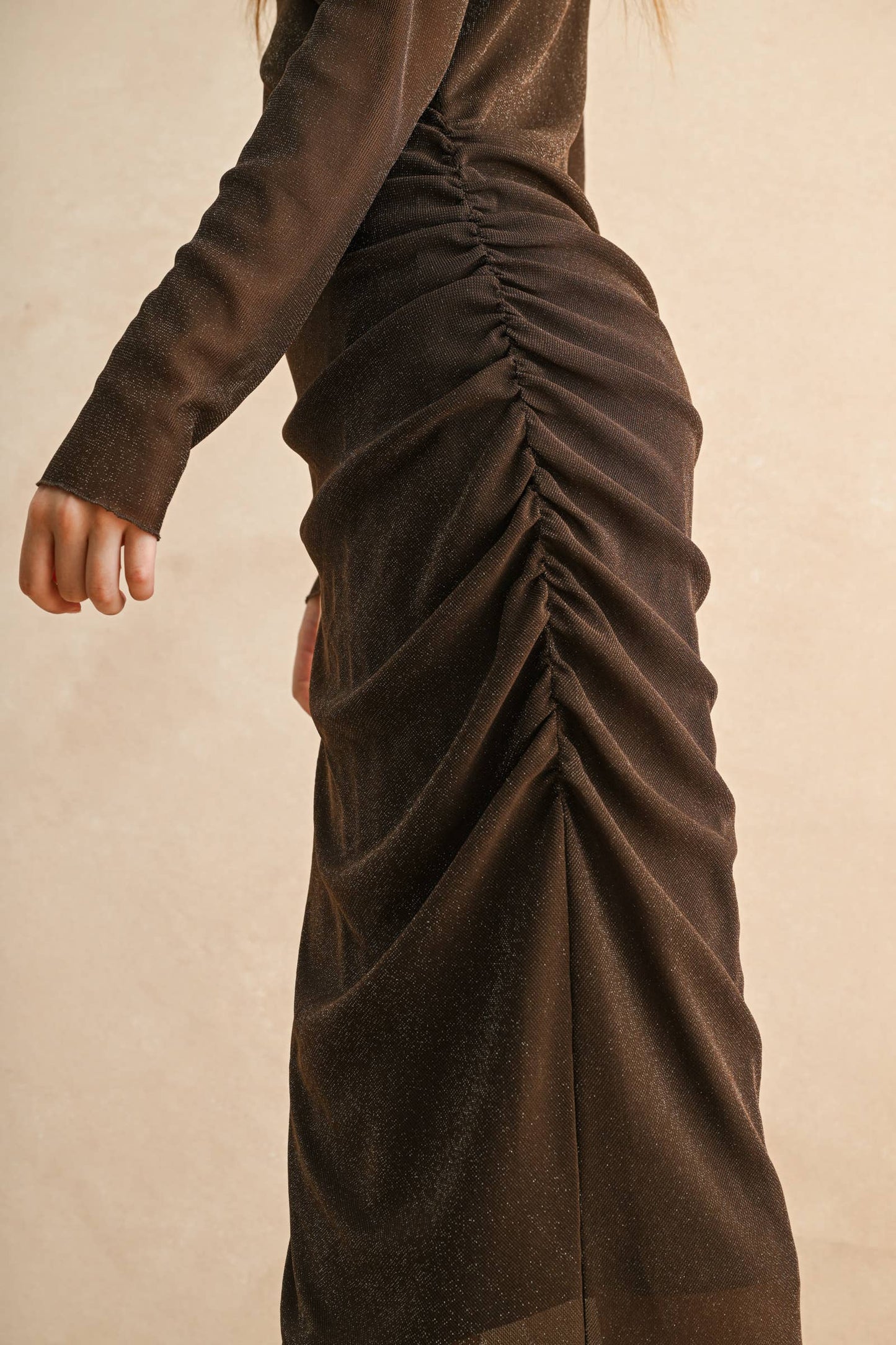 MESH DRAPED DRESS: ESPRESSO