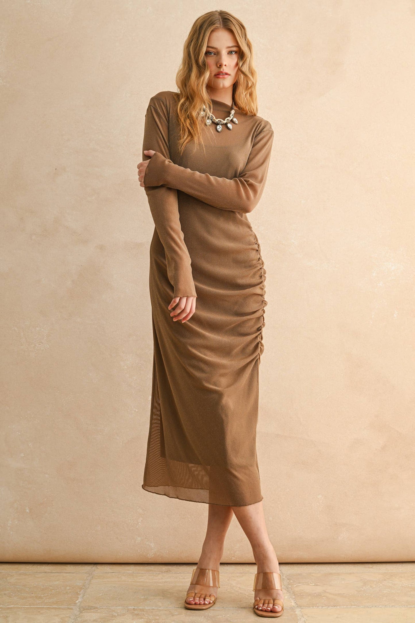 MESH DRAPED DRESS: ESPRESSO