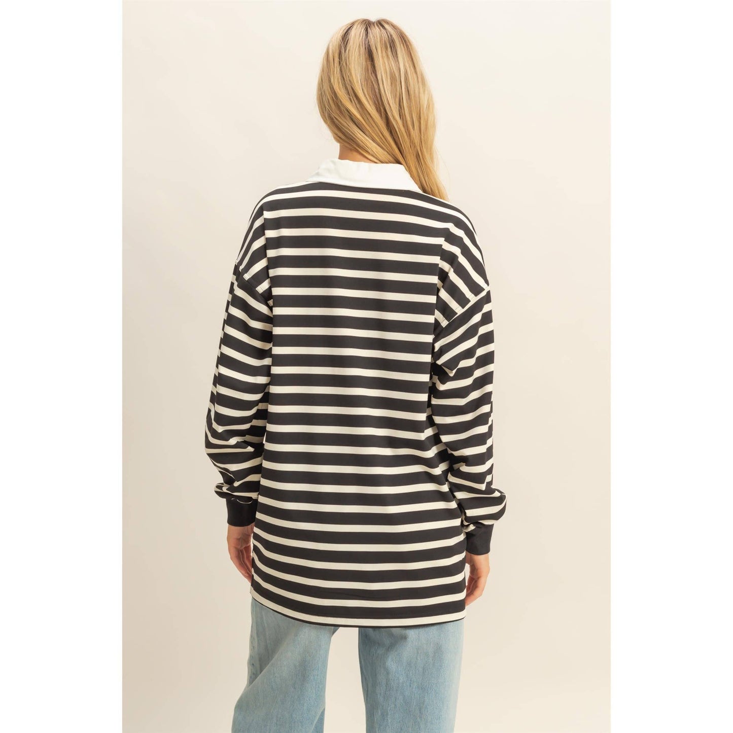 Classic Stripe Rugby Polo With Collar Shirt: BLACK/CREAM