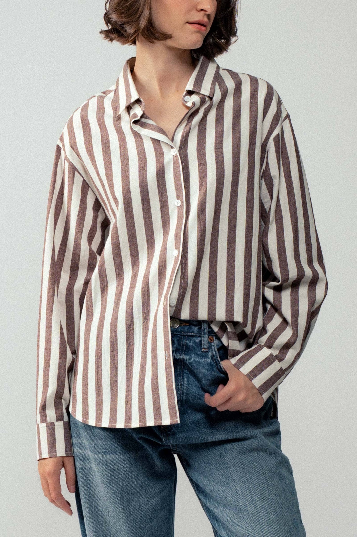 Oversized Stripe Button Down Collared Shirt: Brown
