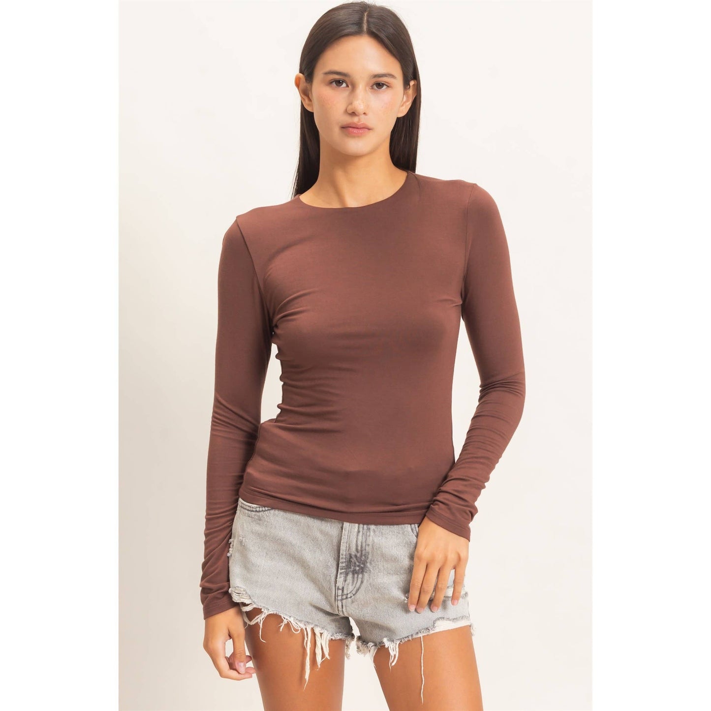 Crew Neck Long Sleeve Top: DARK BROWN