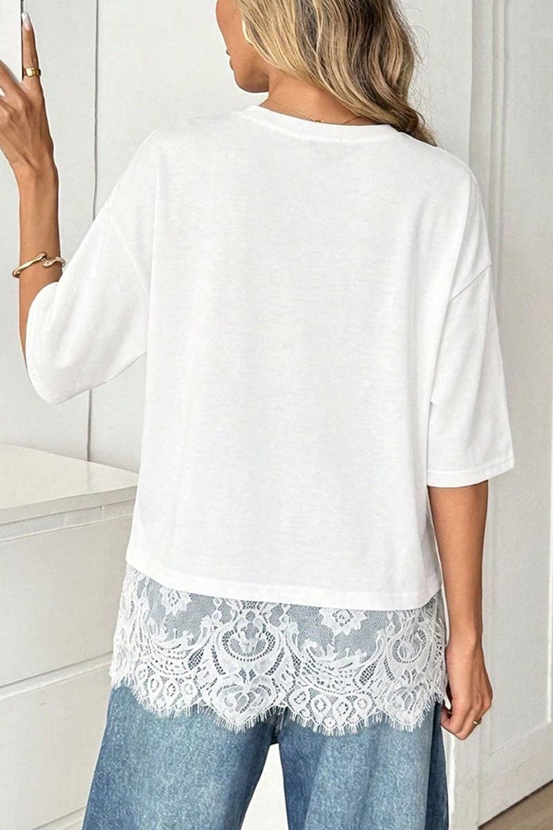 Elegant Lace Trim T-Shirt: WHITE