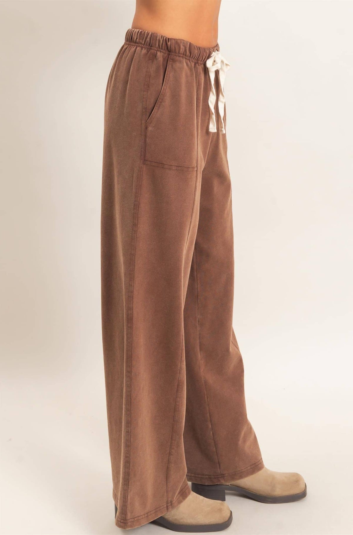Acid Wash Drawstring Waist Wide Leg Pants: DARK BROWN
