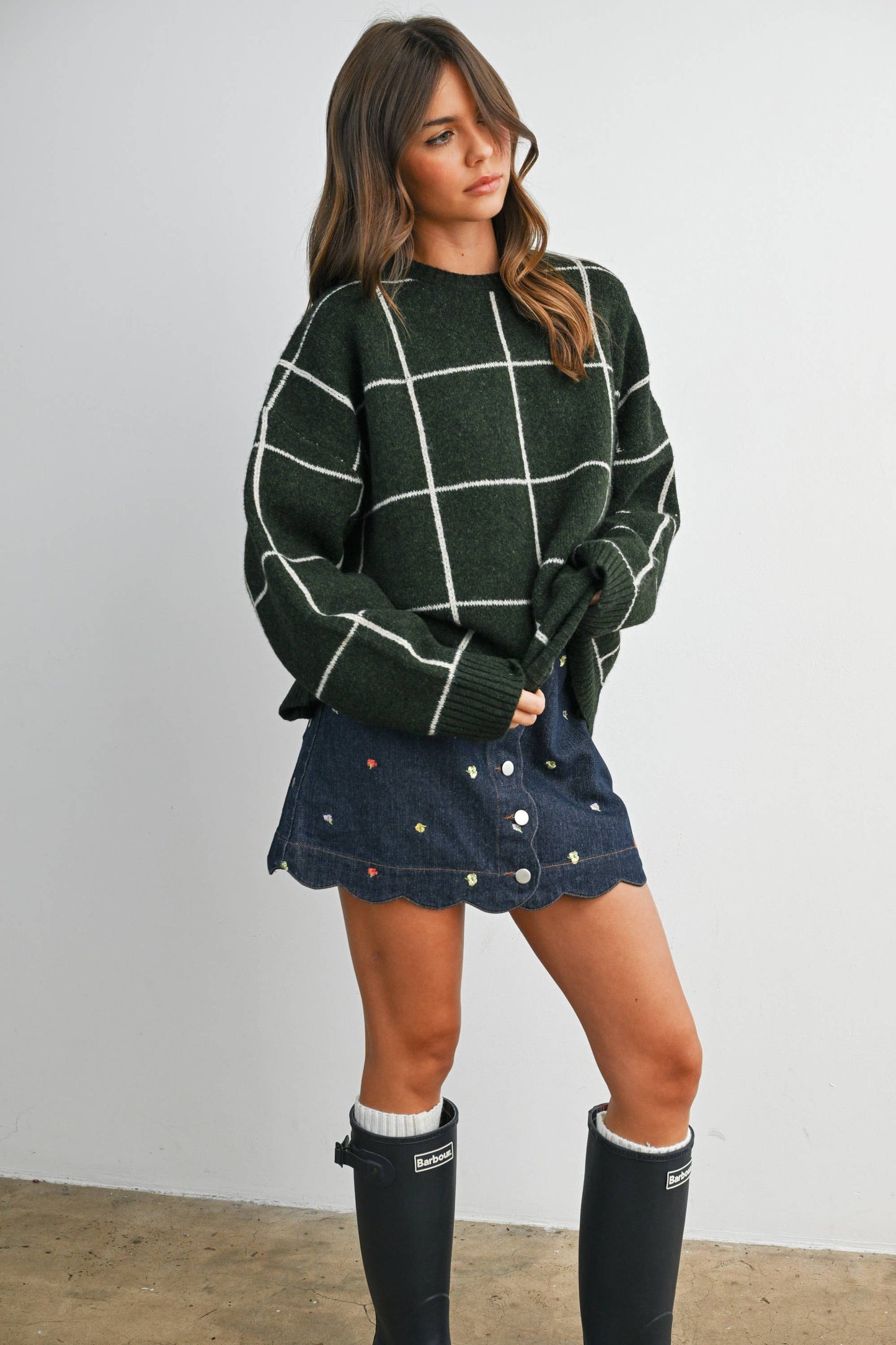 Checkered Crew Neck Knit Sweater : OLIVE MULTI