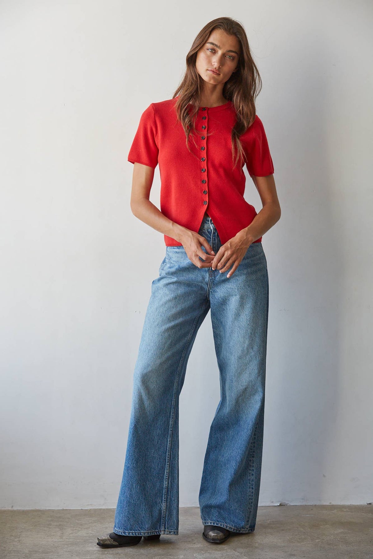 Knit Sweater Short Sleeve Button Down Top: Red