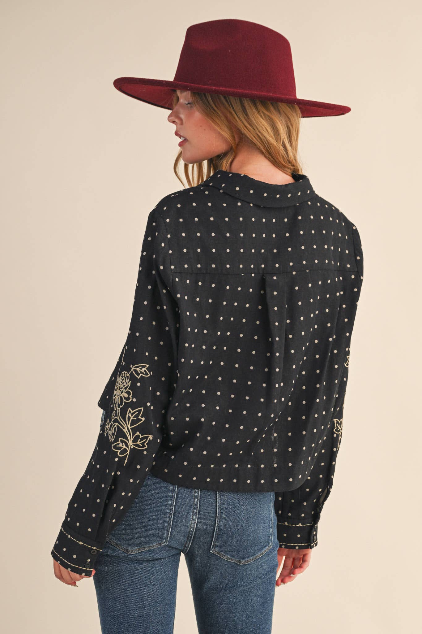 POLKA DOT FLORAL EMBROIDERY BUTTON UP: Black