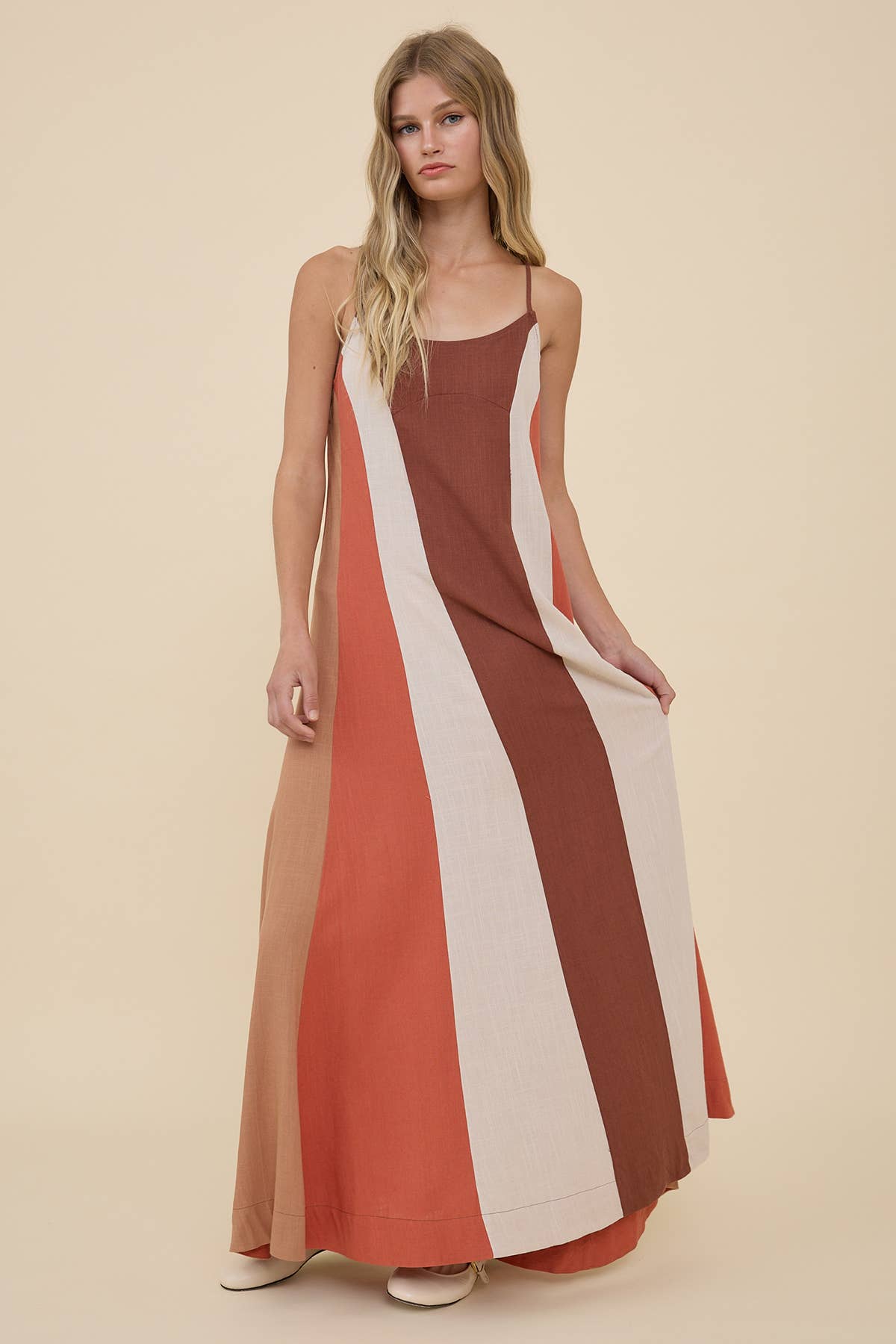 Colorblock Flowy Maxi Slip Dress: NATURAL MIX