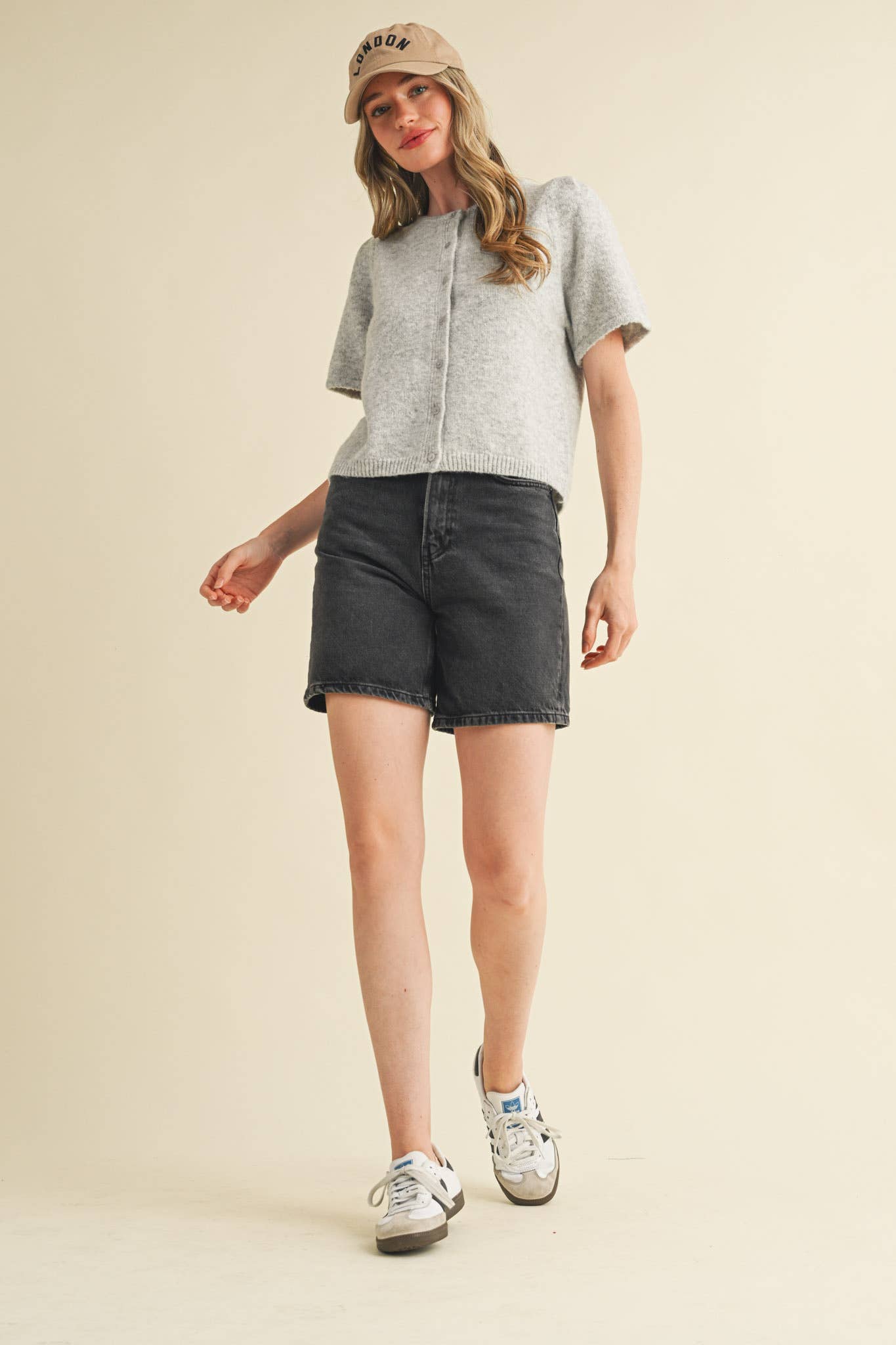 SHORT PUFF SLEEVE SWEATER CARDIGAN: H GREY