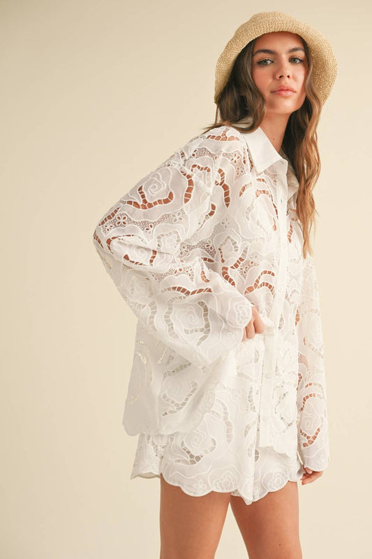 FLORAL EYELET PATTERN SHIRTS: WHITE