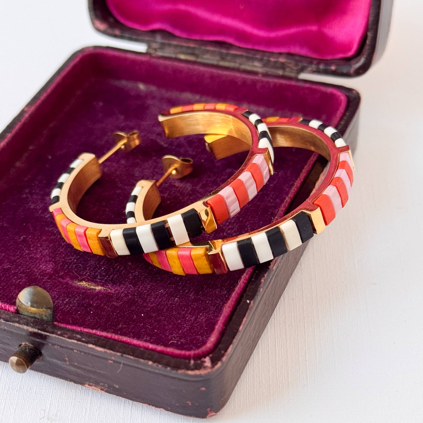 Big Bold Tila Bead Hoop Earrings Gold-Plated, Handmade- B+W