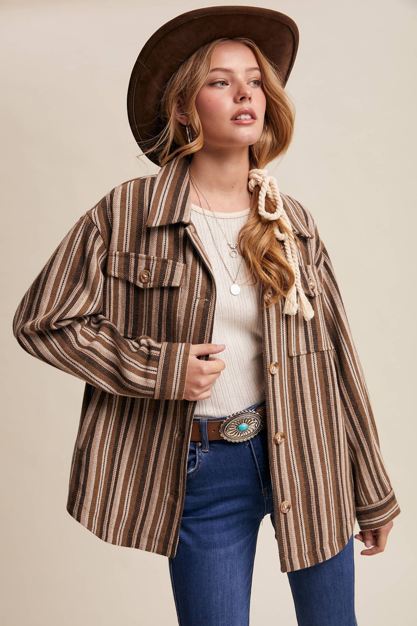 Western Stripe Button-Up Jacket: Mocha