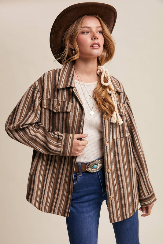 Western Stripe Button-Up Jacket: Mocha
