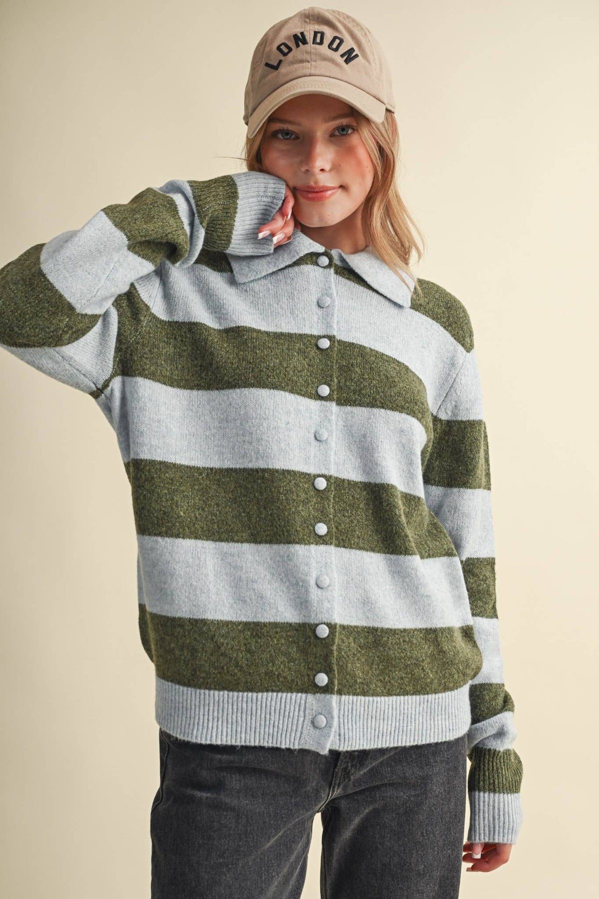 STRIPED SWEATER CARDIGAN: POWDER BLUE OLIVE