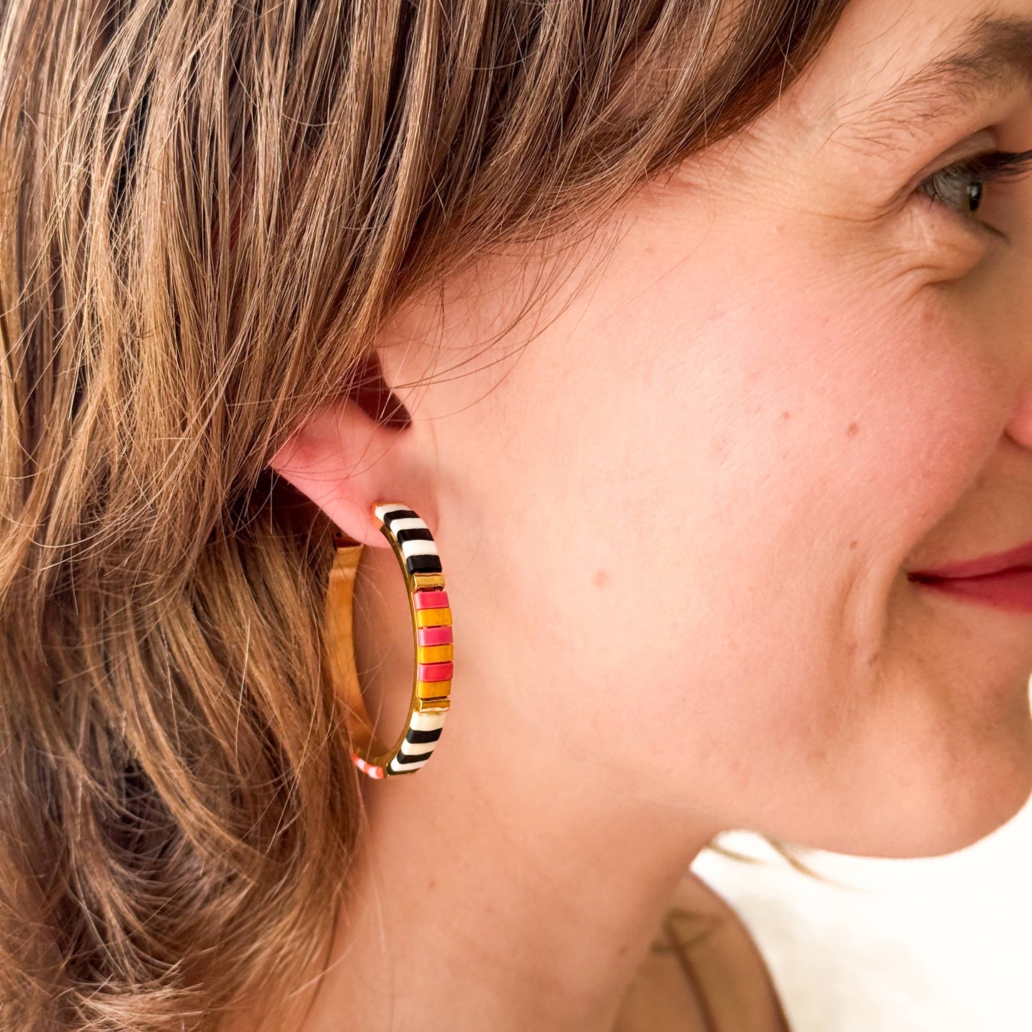 Big Bold Tila Bead Hoop Earrings Gold-Plated, Handmade- B+W