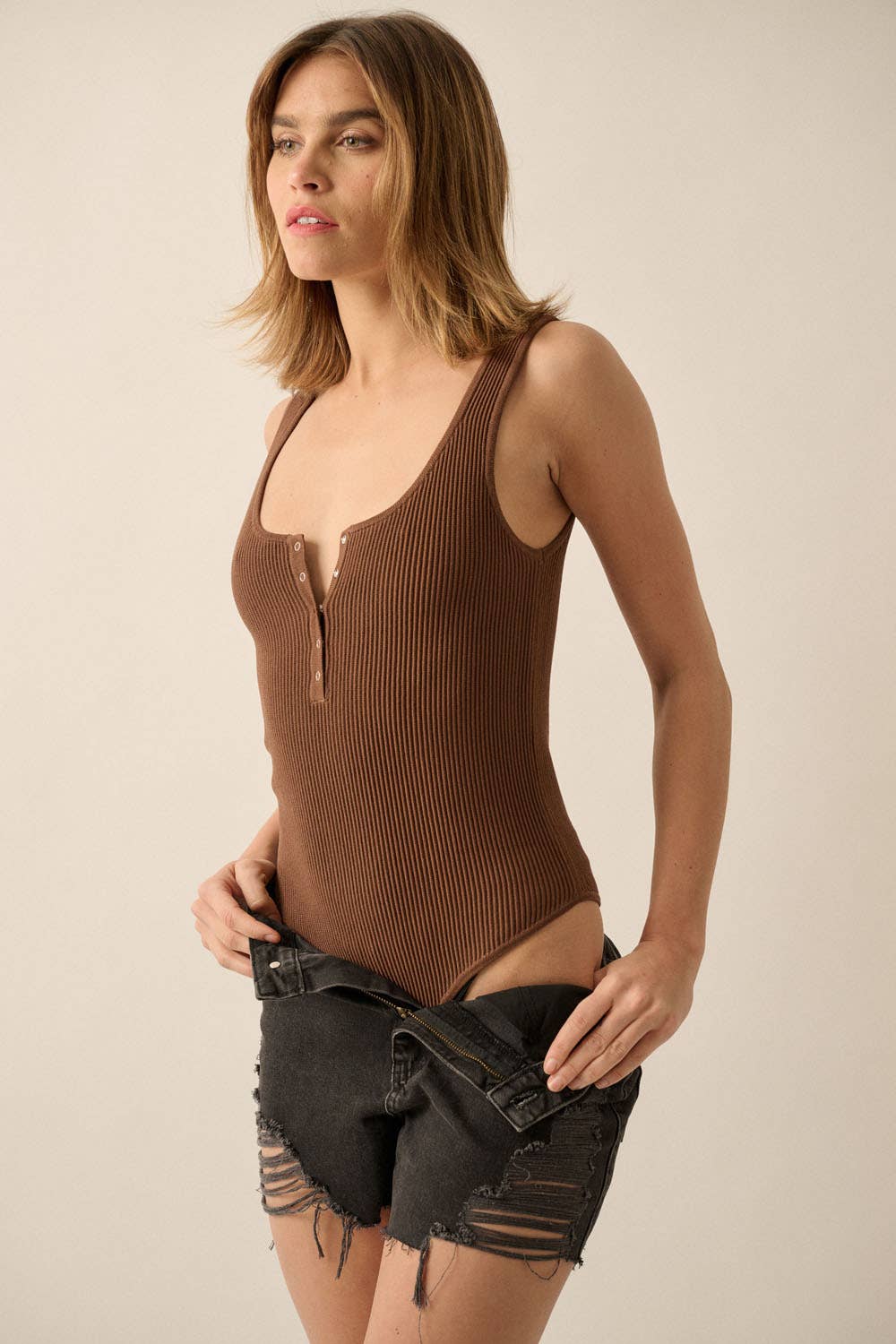 Shaper Fit Scoop Neck Rib Knit Tank Bodysuit: Chocolate