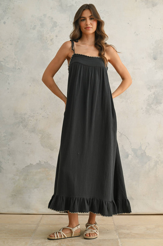 EMBROIDERED DETAIL GAUZE DRESS: NAVY