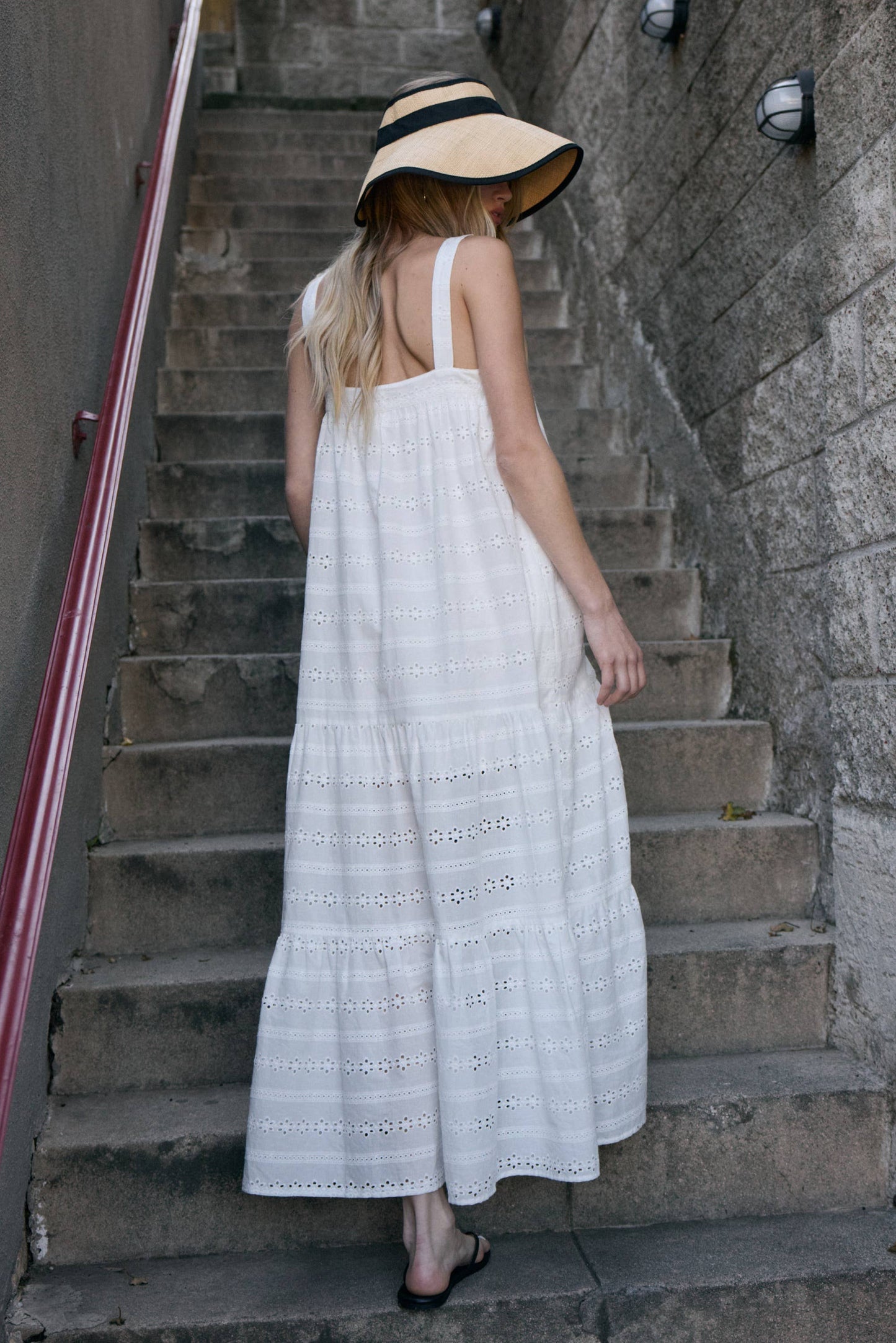 Eyelet Tiered Button Front Maxi Dress: WHITE