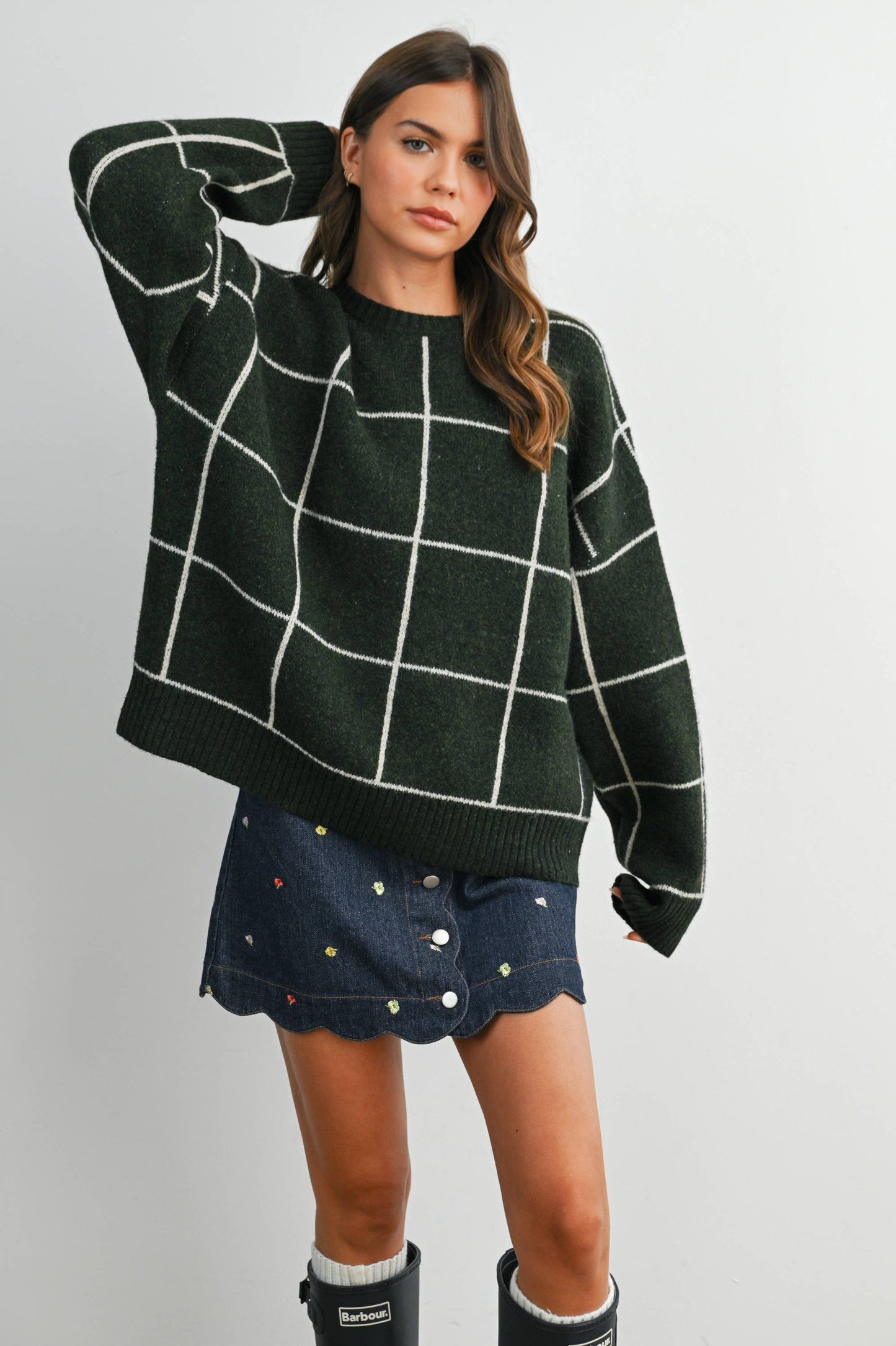 Checkered Crew Neck Knit Sweater : OLIVE MULTI