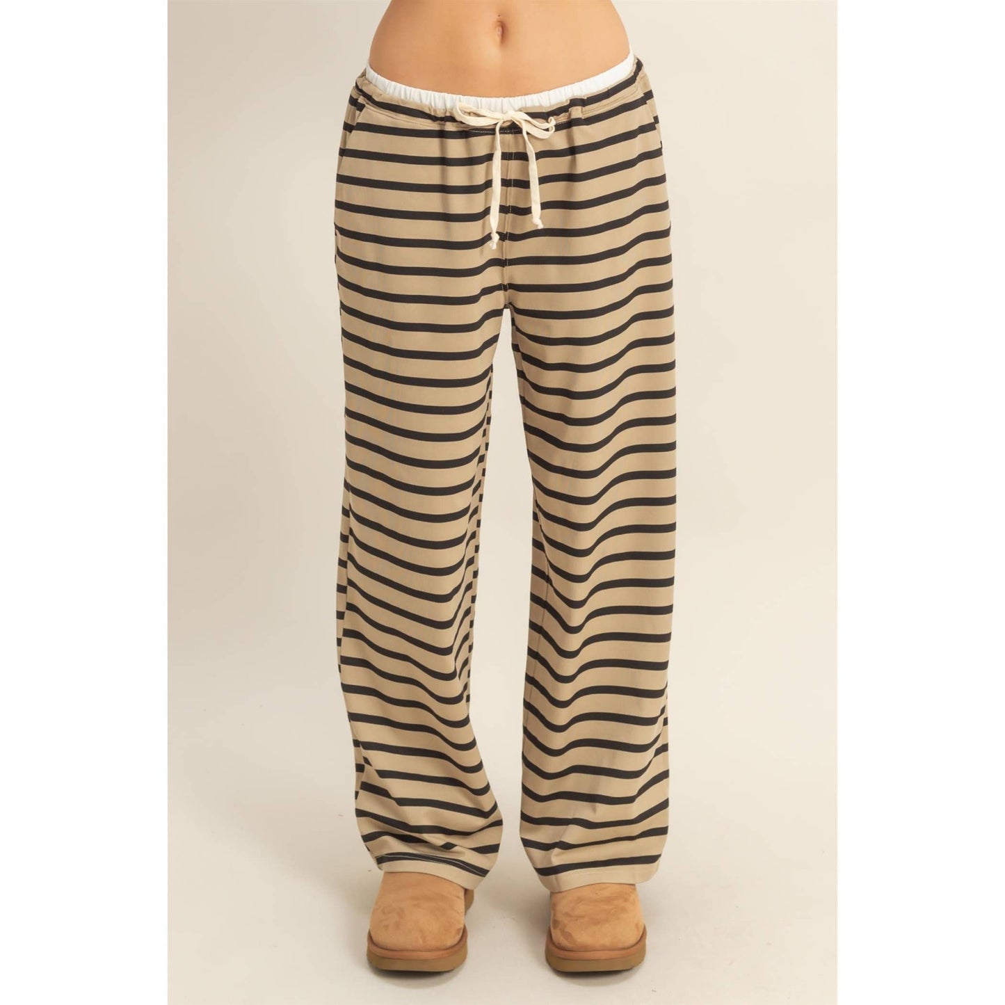 Striped Knit Drawstring Lounge Pants: TAUPE/ BLACK
