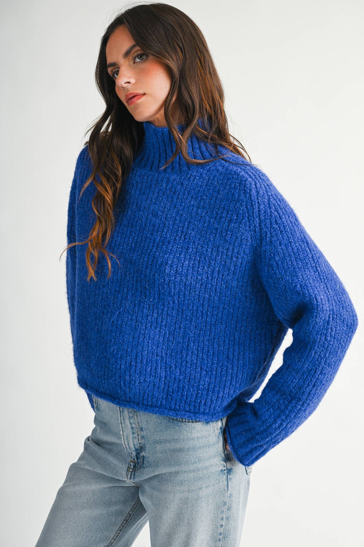 Soft Brushed Mock Neck Sweater: Cobalt