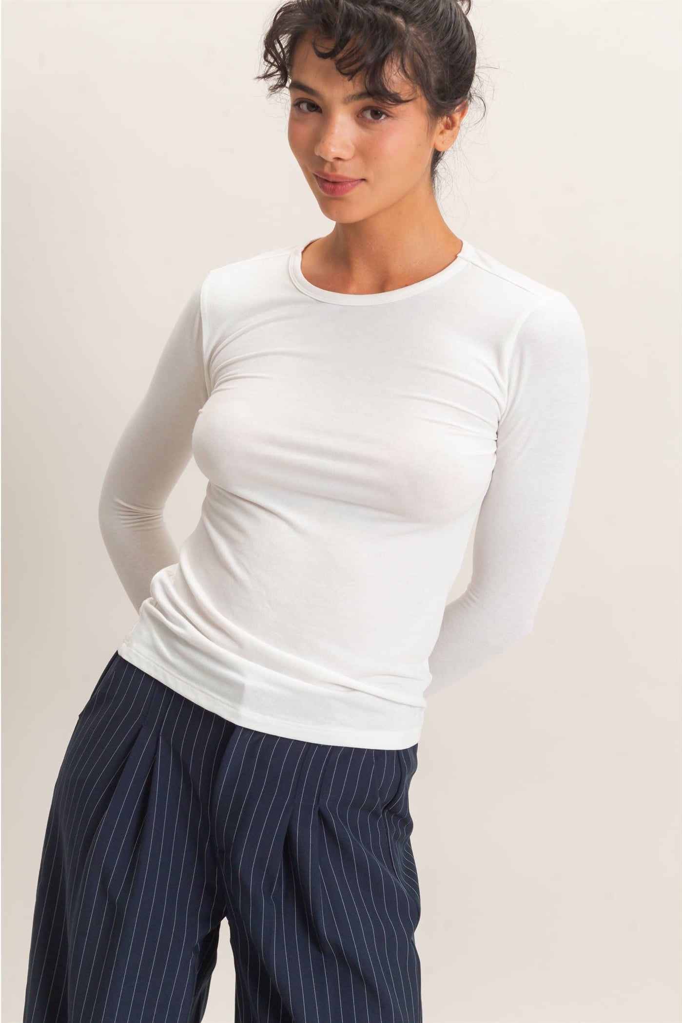 Crew Neck Long Sleeve Top: WHITE